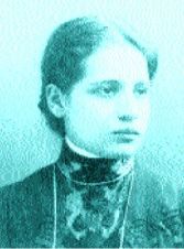 a young lise meitner. her hair is pulled back into a low bun or ponytail and she's looking off to the side. the whole image is tinted blue